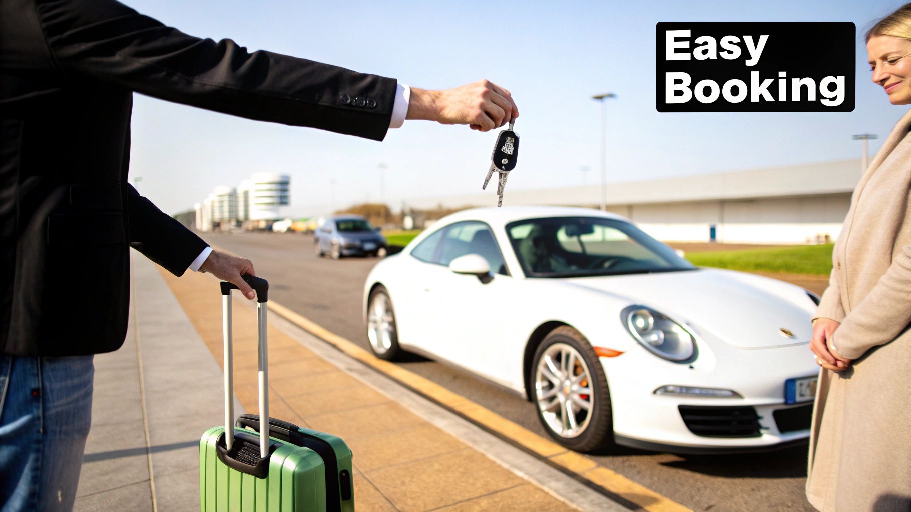 Professional car rental agent handing keys to customer at airport with white Porsche sports car