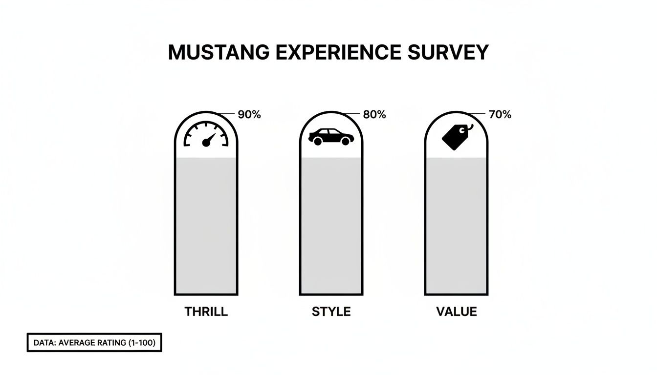 A Mustang Experience Survey with visual ratings: Thrill at 90%, Style at 80%, and Value at 70%.