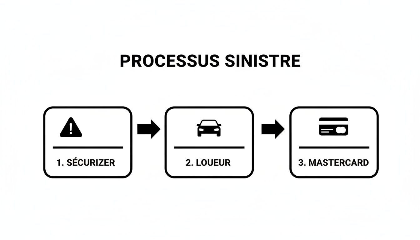 Diagramme du processus de sinistre détaillant les étapes : sécuriser, contacter le loueur, puis Mastercard.