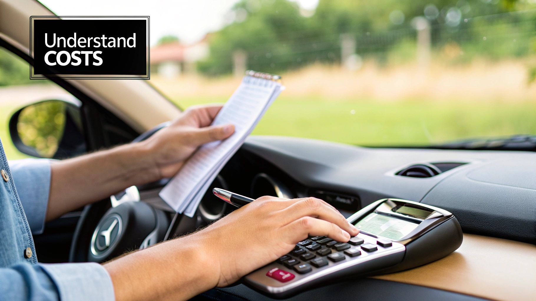 A close-up shot of a luxury car's price tag and keys on a wooden table.