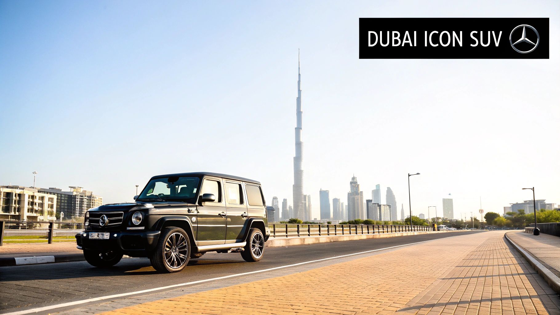 A black Mercedes G-Class SUV on a road in Dubai, featuring the iconic Burj Khalifa.