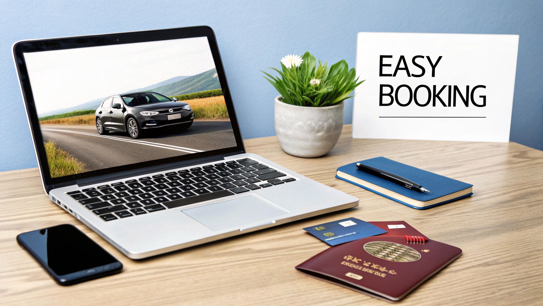 Laptop showing a car on a road, with an 'EASY BOOKING' sign, credit cards, and passport.