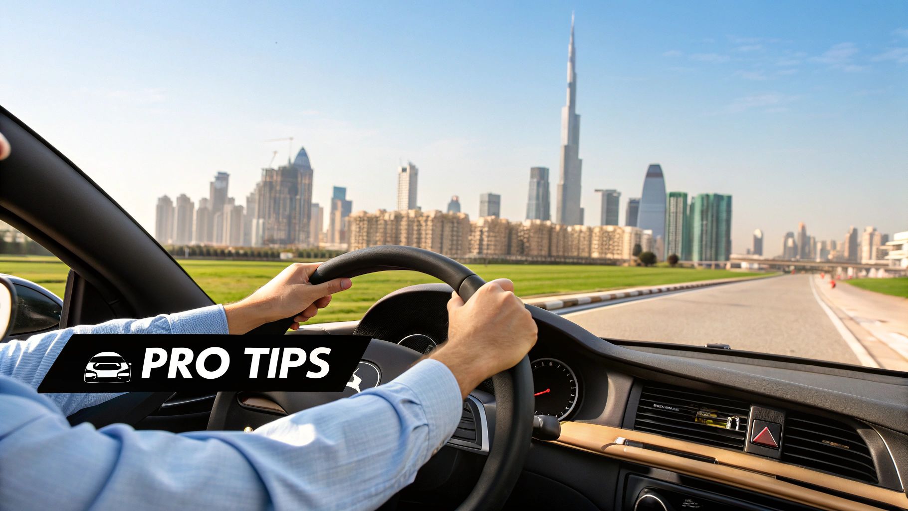 Scenic view of a luxury car driving along a Dubai road at sunset