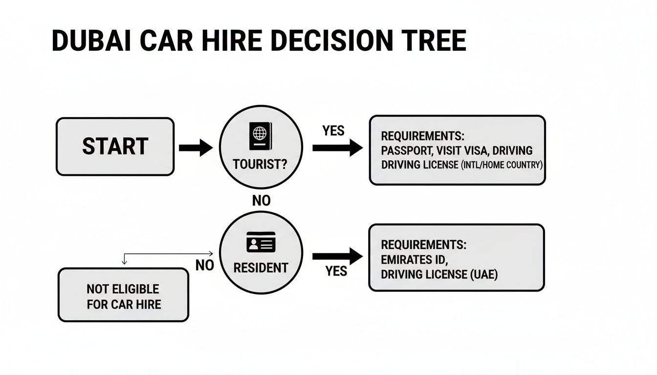 A flowchart illustrating the Dubai car hire decision tree, outlining requirements for tourists and residents.