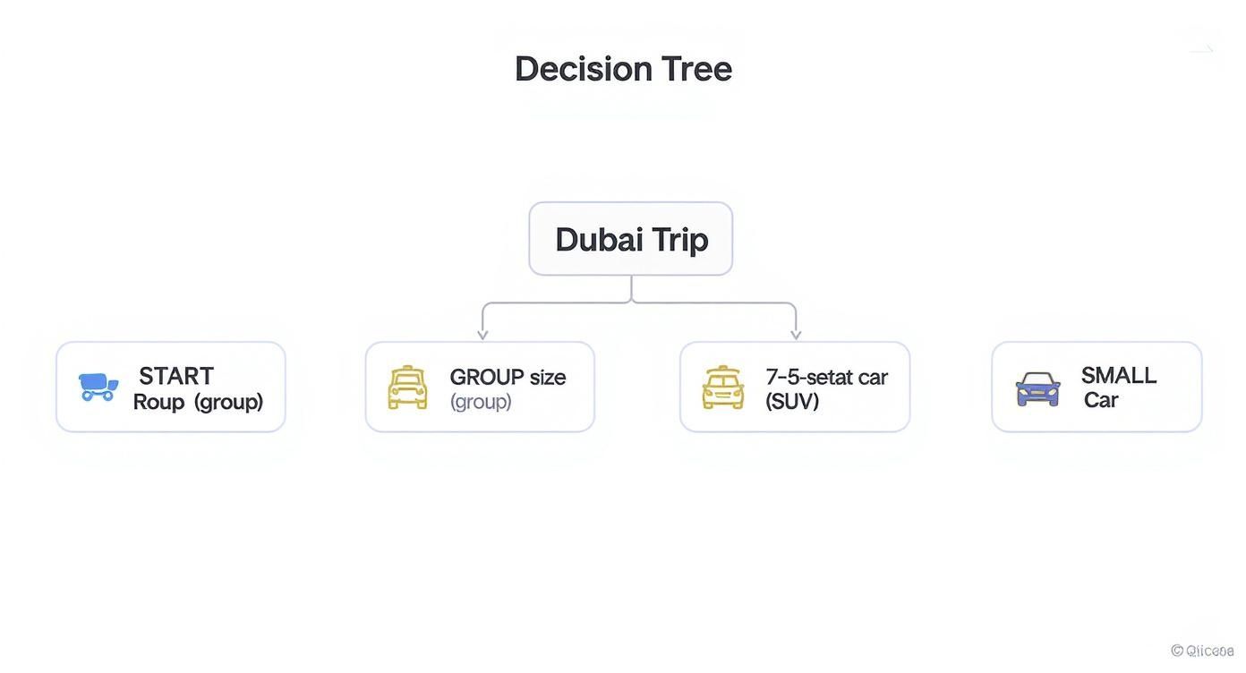 Decision tree flowchart showing Dubai trip transportation options from group transport to SUV and small car