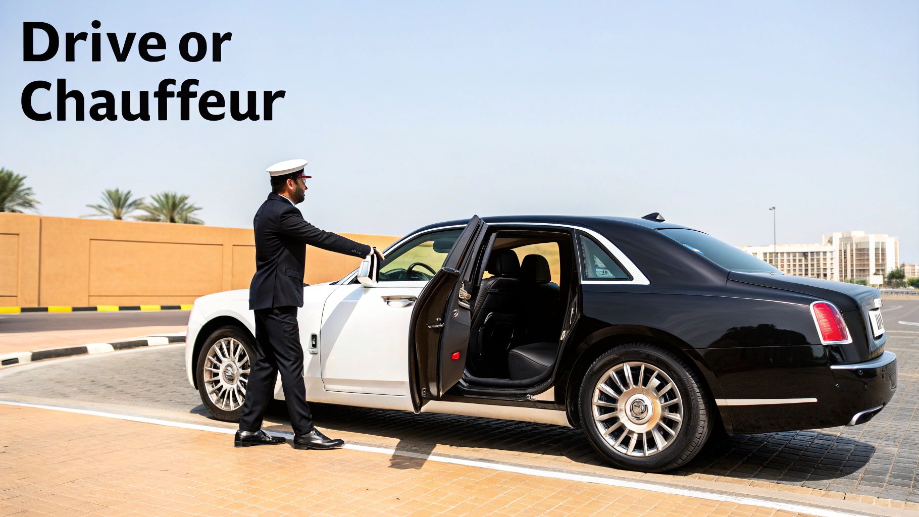 Professional chauffeur in uniform opening door of luxury Rolls Royce vehicle in Dubai