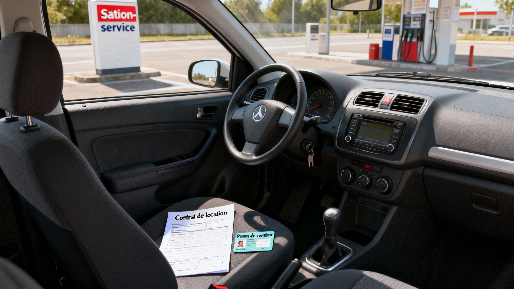 Intérieur de voiture avec un contrat de location et un permis de conduire sur le siège passager, devant une station-service.