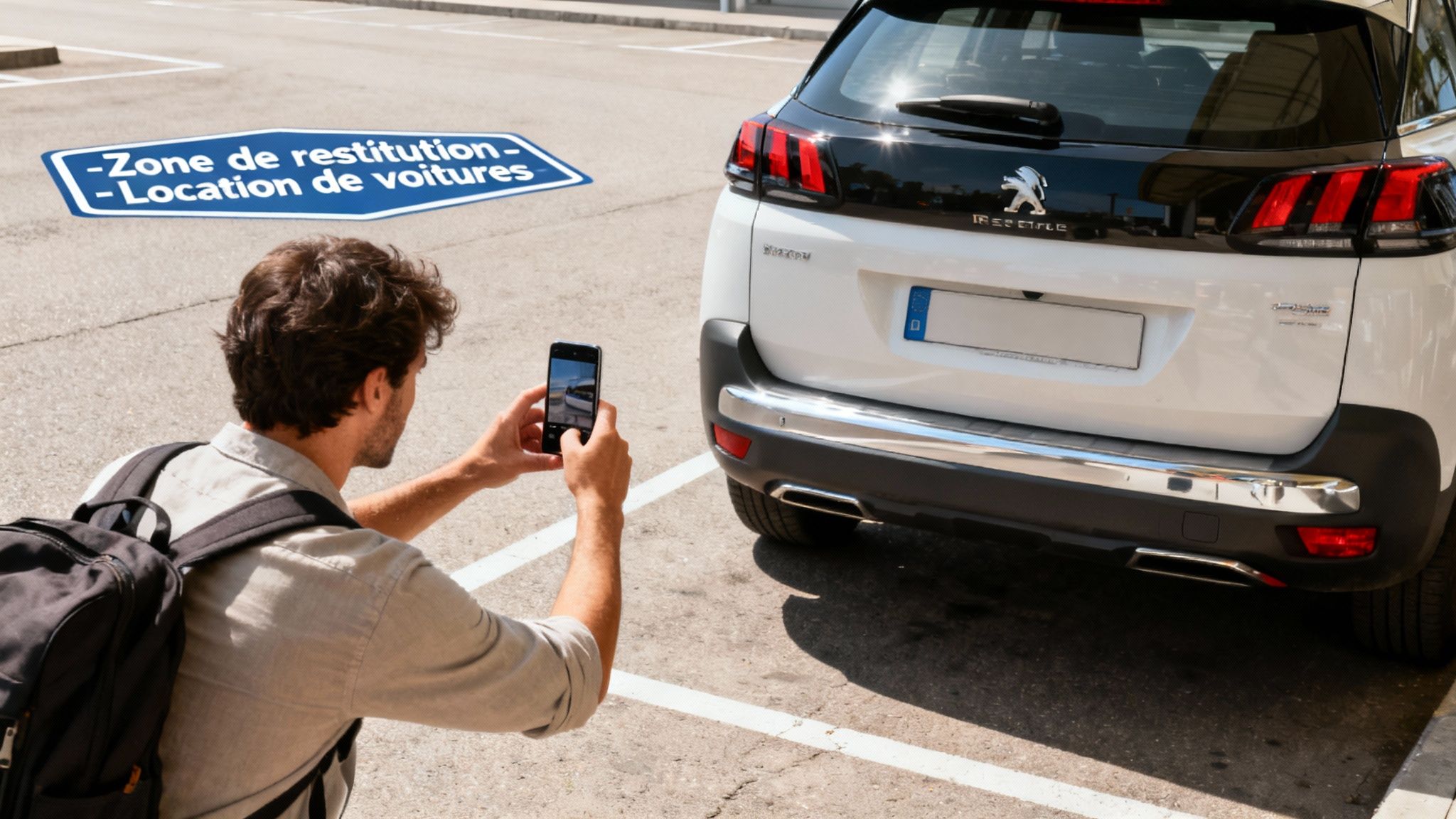 Un homme prend en photo l'arrière d'une voiture Peugeot blanche dans une zone de restitution de location de voitures.
