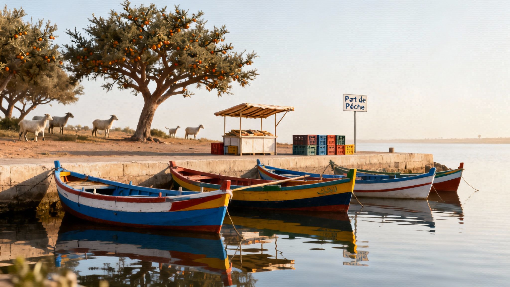 Bateaux de pêche colorés amarrés à un quai, avec un étal de marché et des chèvres sous des arbres fruitiers.