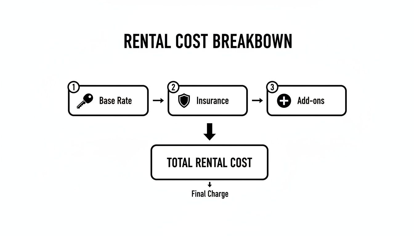 Flowchart illustrating rental cost breakdown: Base Rate, Insurance, and Add-ons summing to Total Rental Cost.