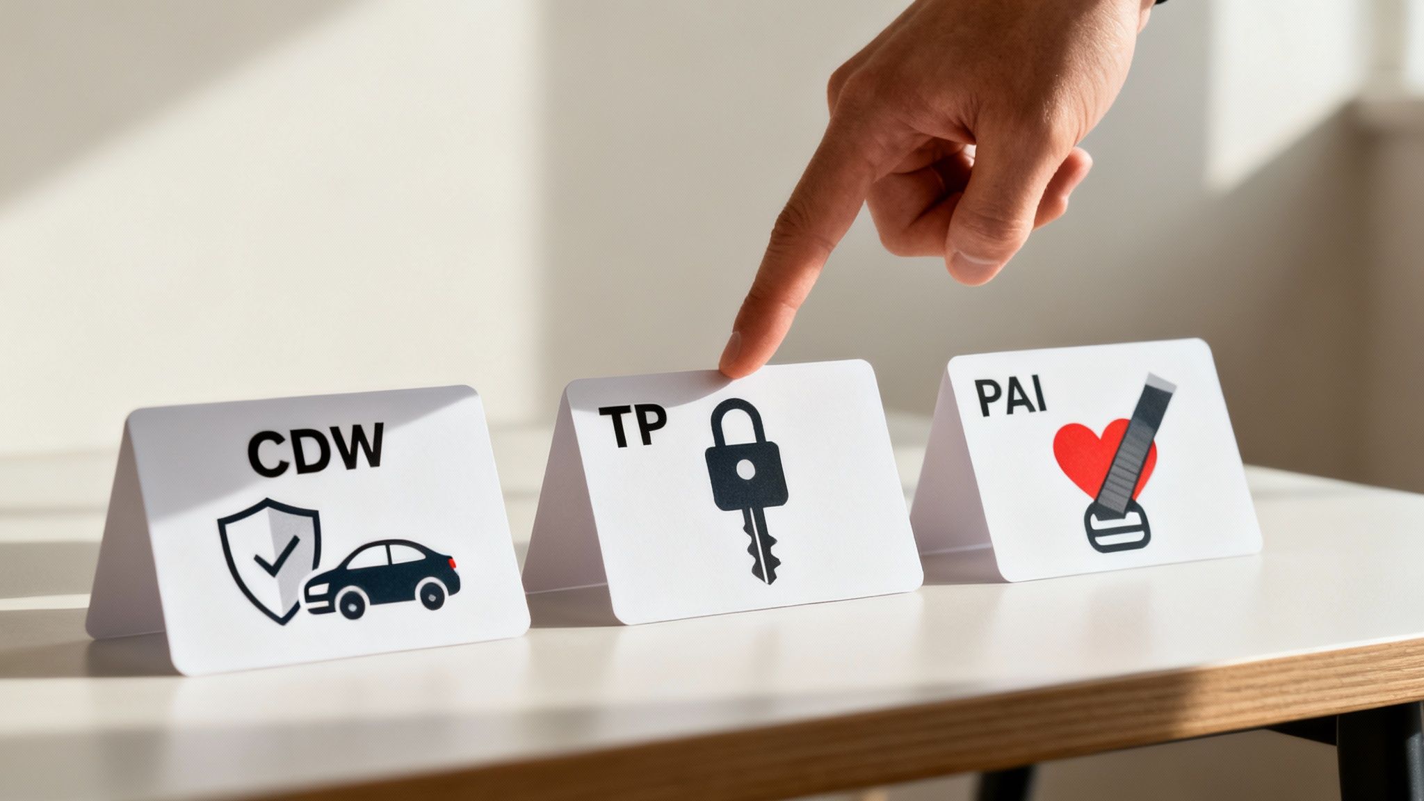 Main pointant vers carte TP entre options d'assurance CDW et PAI pour location de véhicule