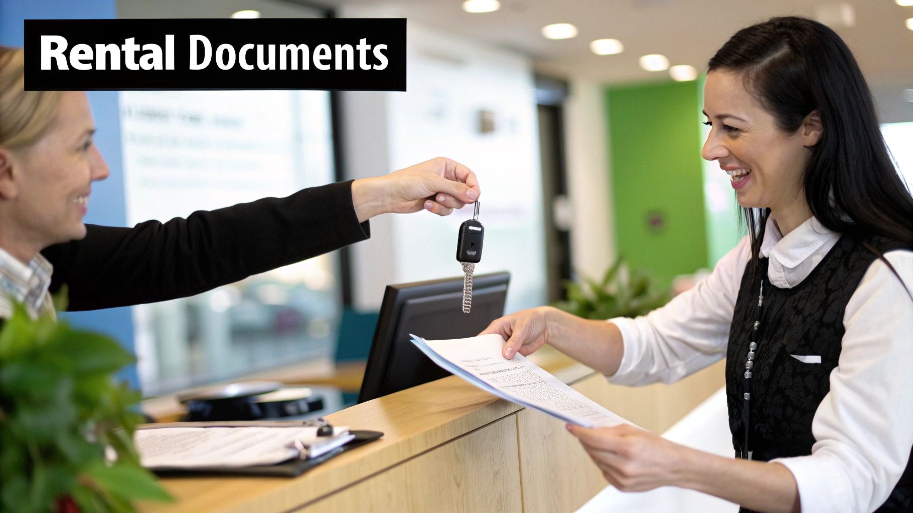 A person handing over their passport and driving license at a car rental counter