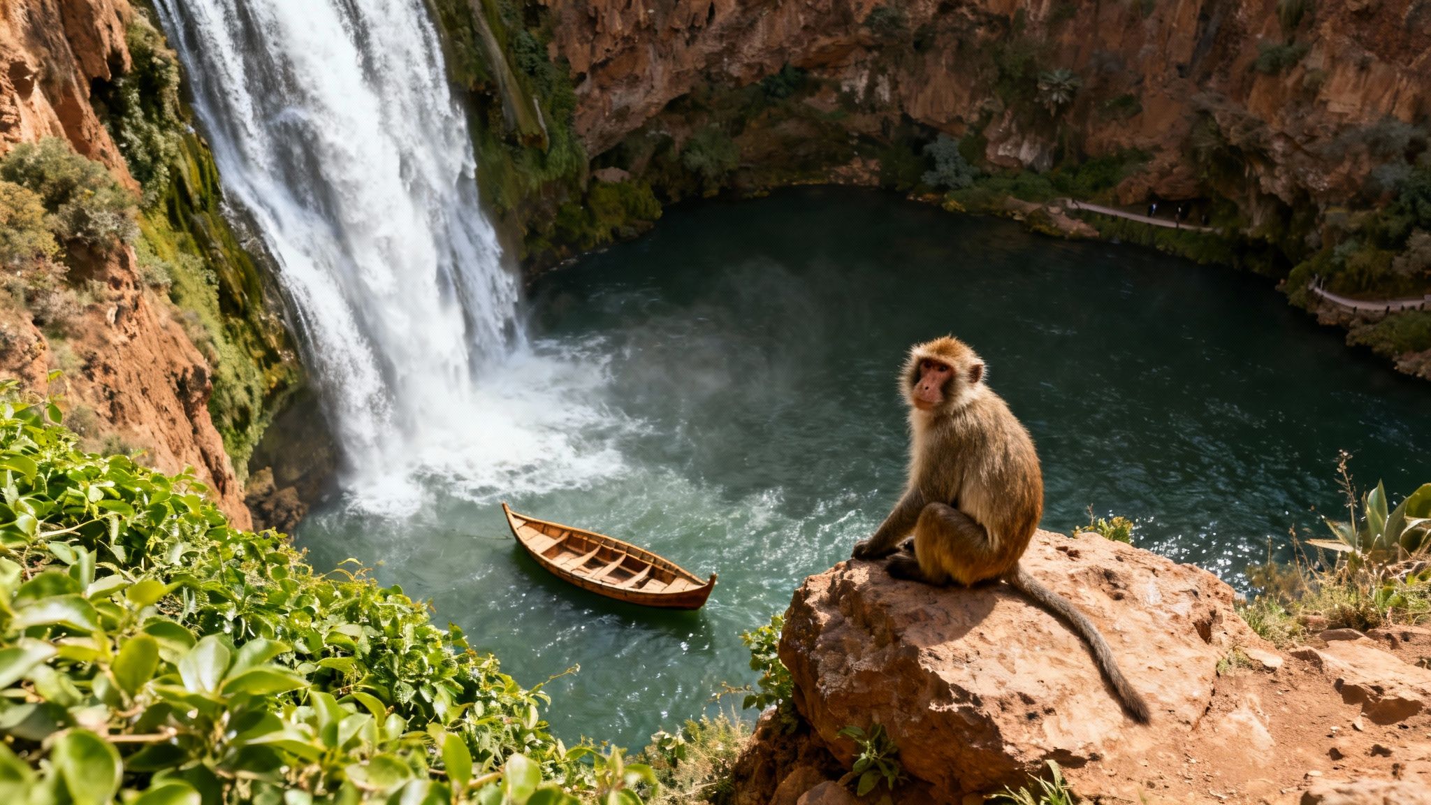Un singe sur un rocher surplombe les magnifiques cascades d'Ouzoud, avec une barque flottant sur l'eau.