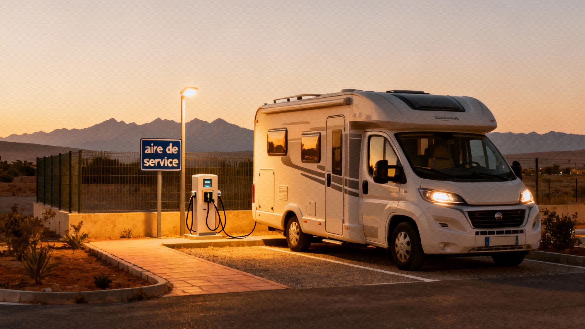 Un camping-car blanc se recharge à une borne électrique sur une aire de service au coucher du soleil.