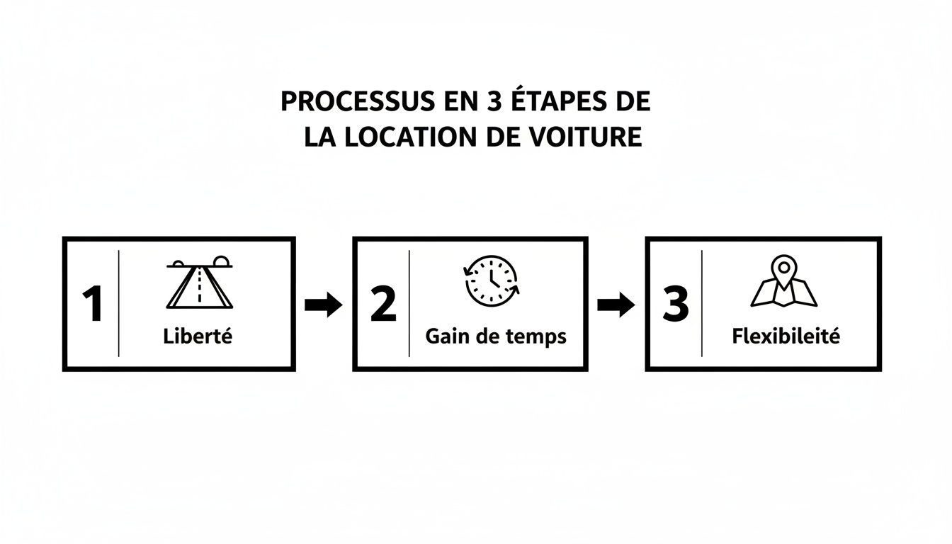 Infographie illustrant le processus de location de voiture en 3 étapes: liberté, gain de temps et flexibilité.