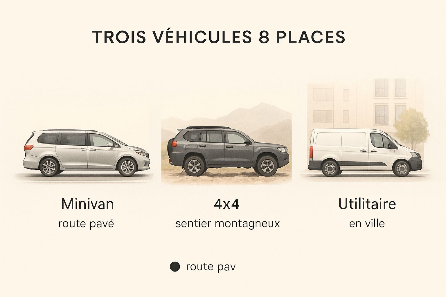 Infographie illustrant une voiture 8 places en location dans divers contextes marocains, de la route pavée aux sentiers de montagne.