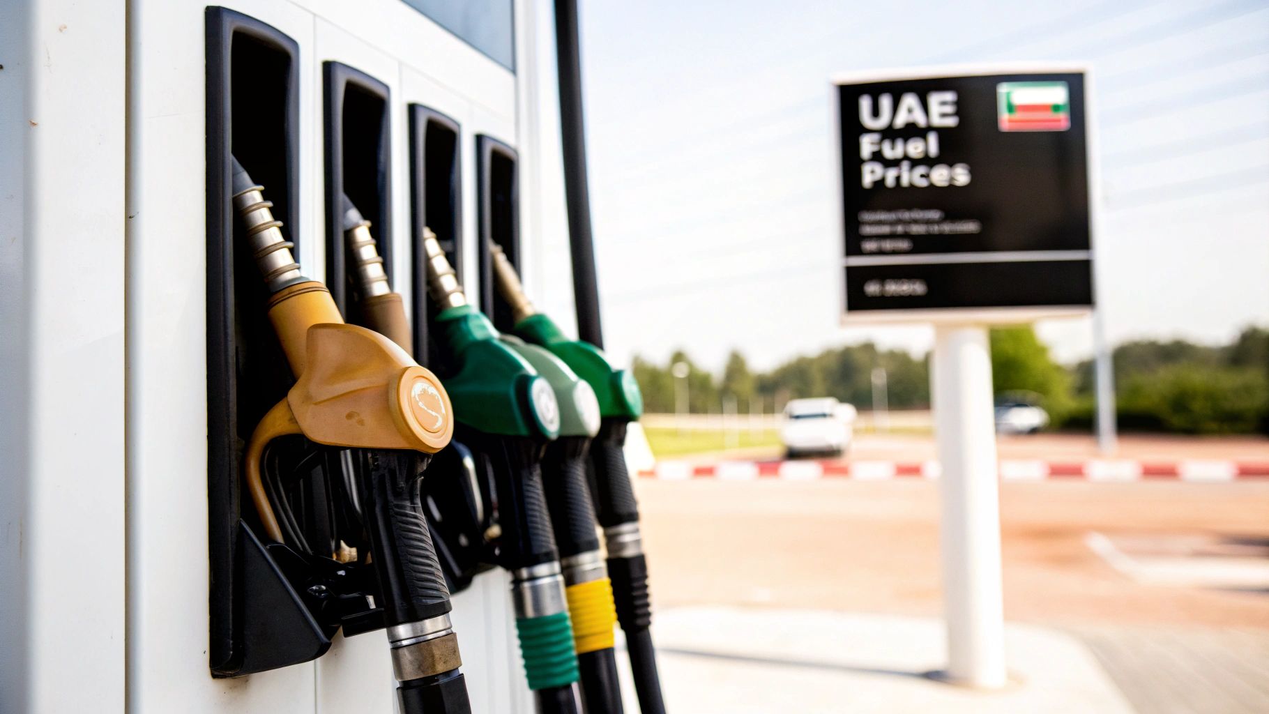 Close-up of colorful fuel nozzles at a gas station in the UAE with a fuel price sign.