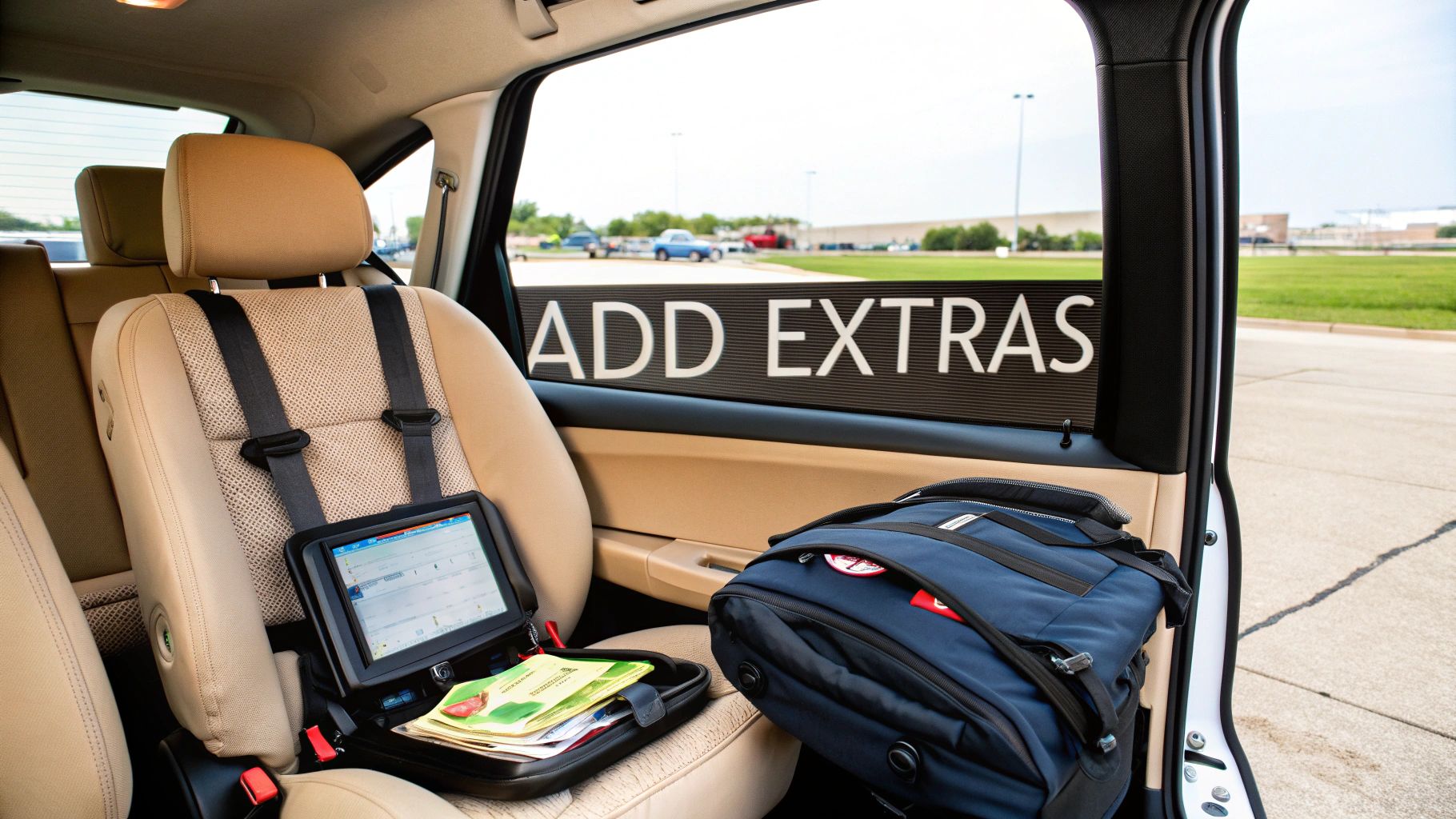 Car interior with a tablet on the back seat and a blue backpack, showing an 'ADD EXTRAS' sign outside.