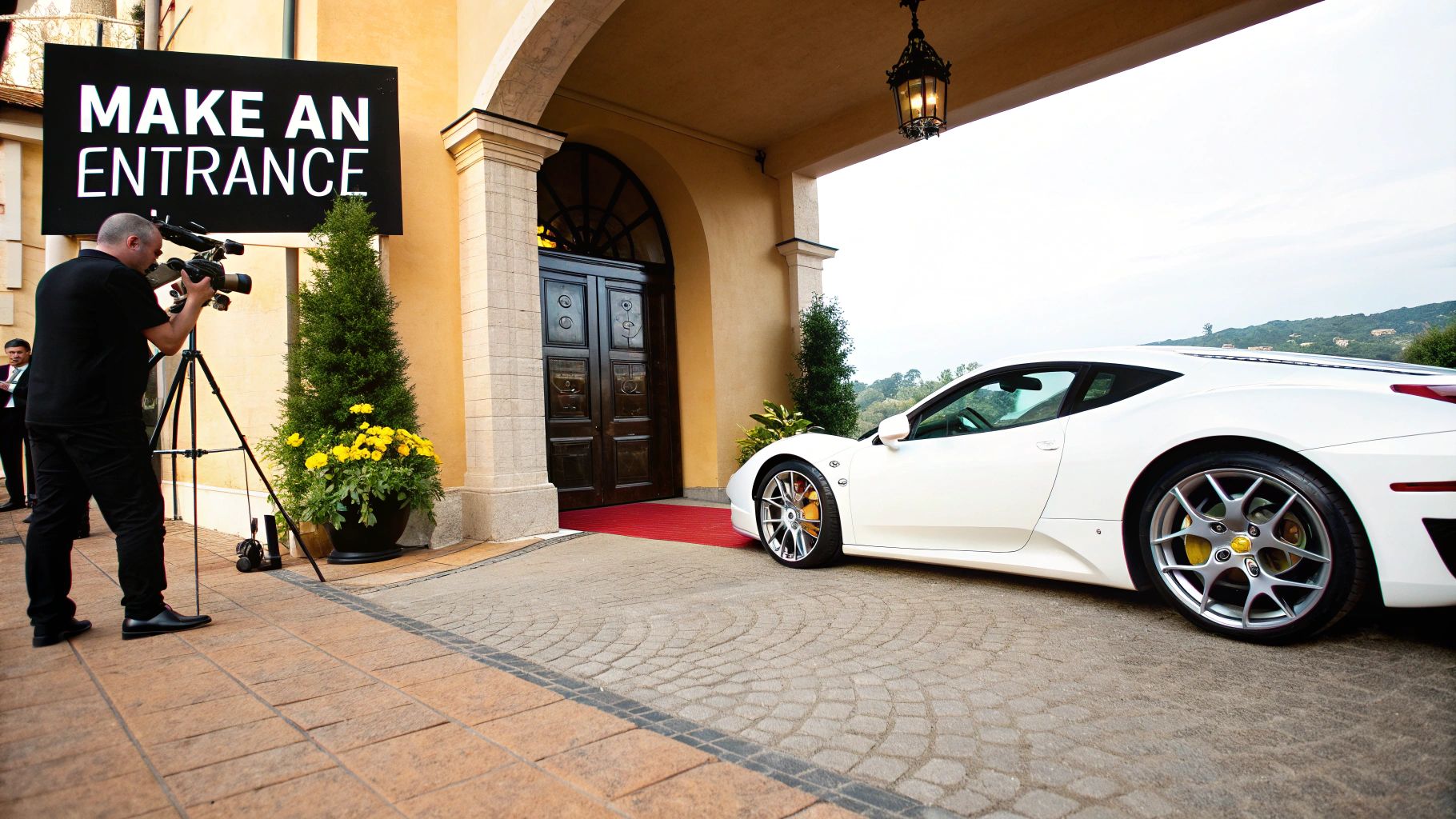A white luxury sports car parked on a red carpet at a grand entrance, with a cameraman filming.