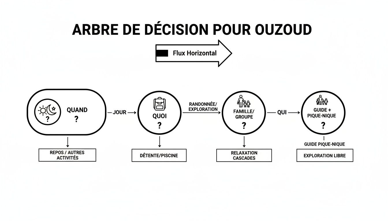 Arbre de décision pour planifier des activités à Ouzoud, avec des choix selon le temps, l'activité et les participants.