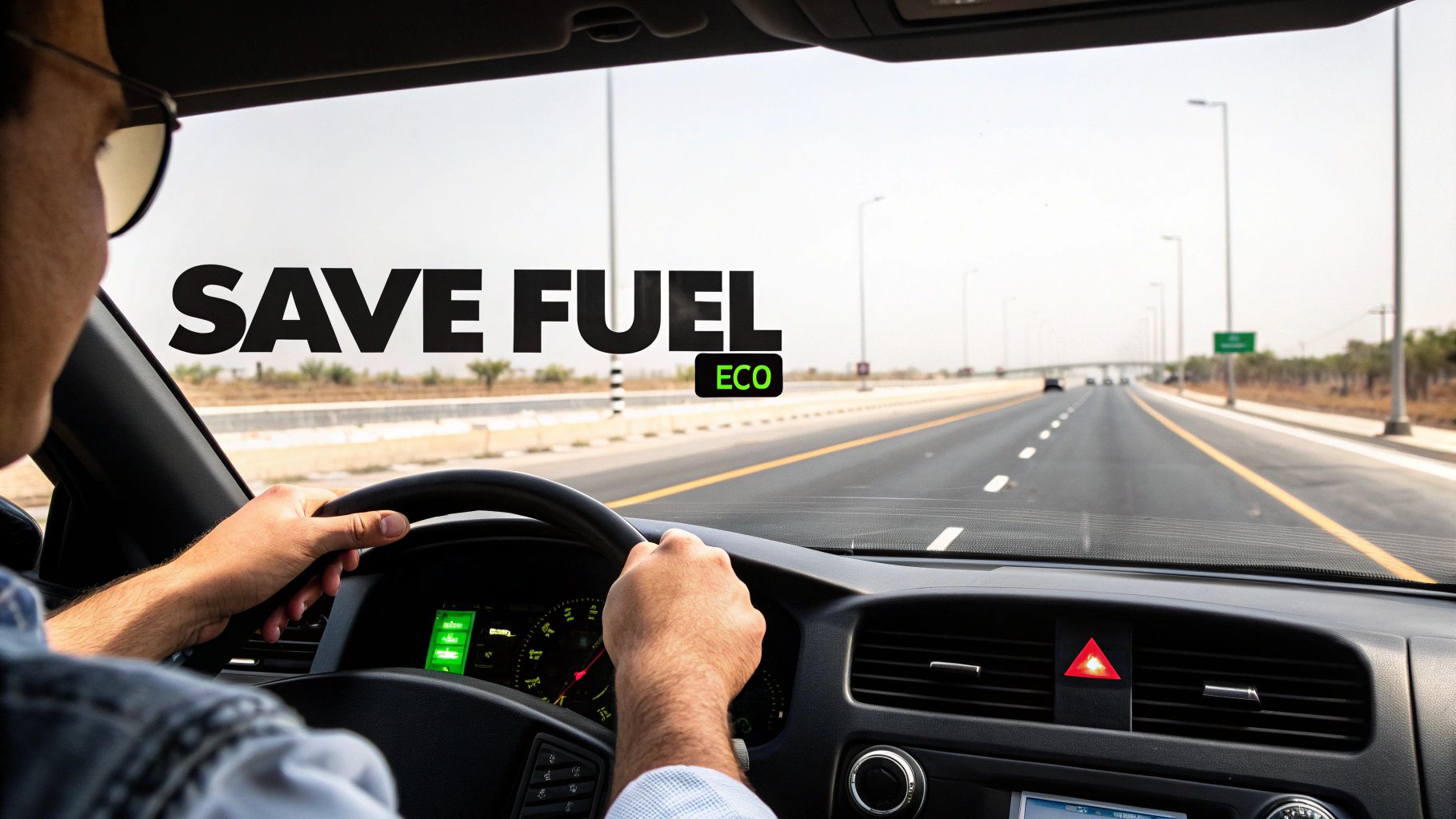 Driver's view from inside a car on a highway, with 'SAVE FUEL ECO' text visible.