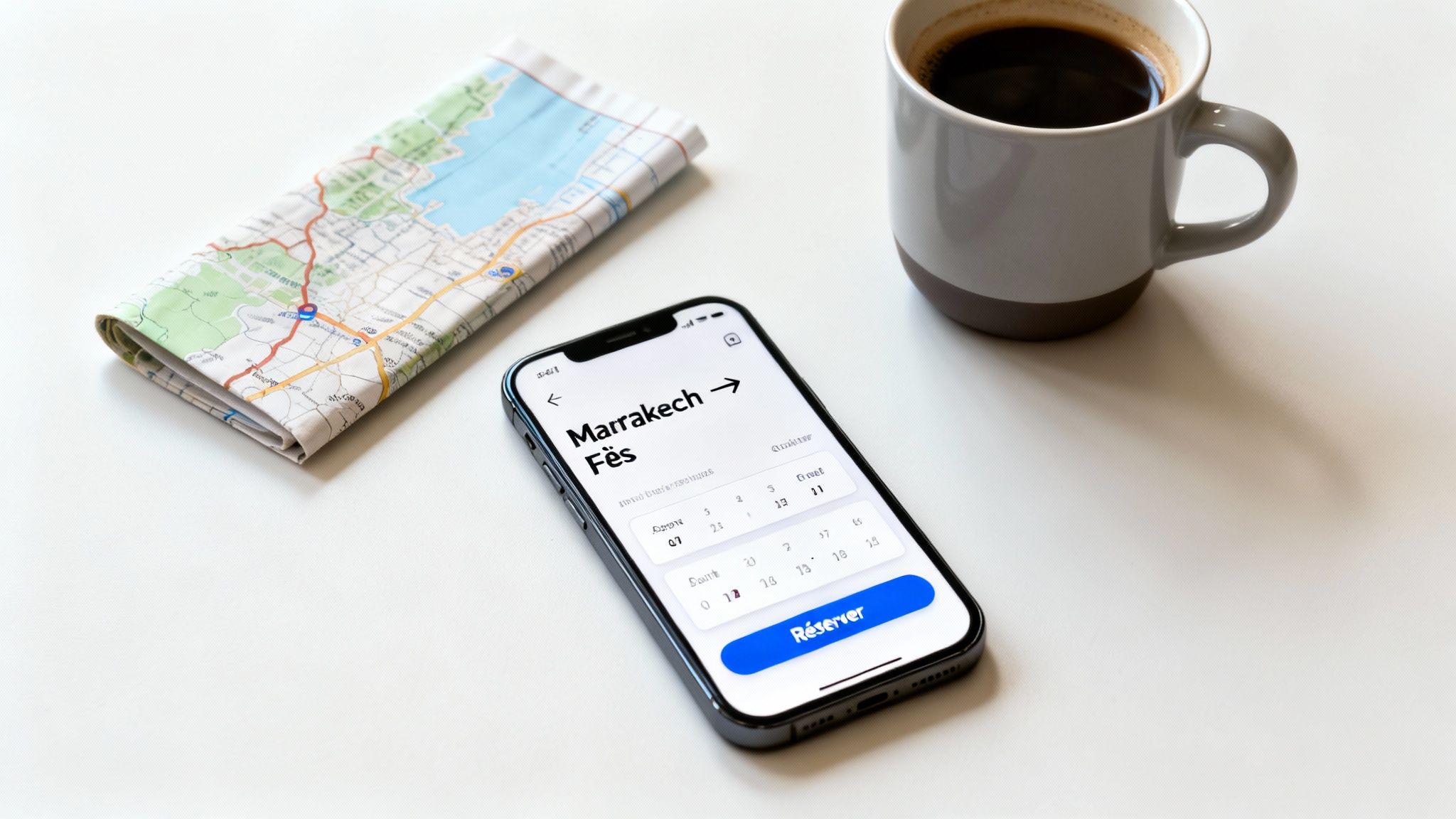 Téléphone affichant une réservation de voyage Marrakech-Fès avec carte et café
