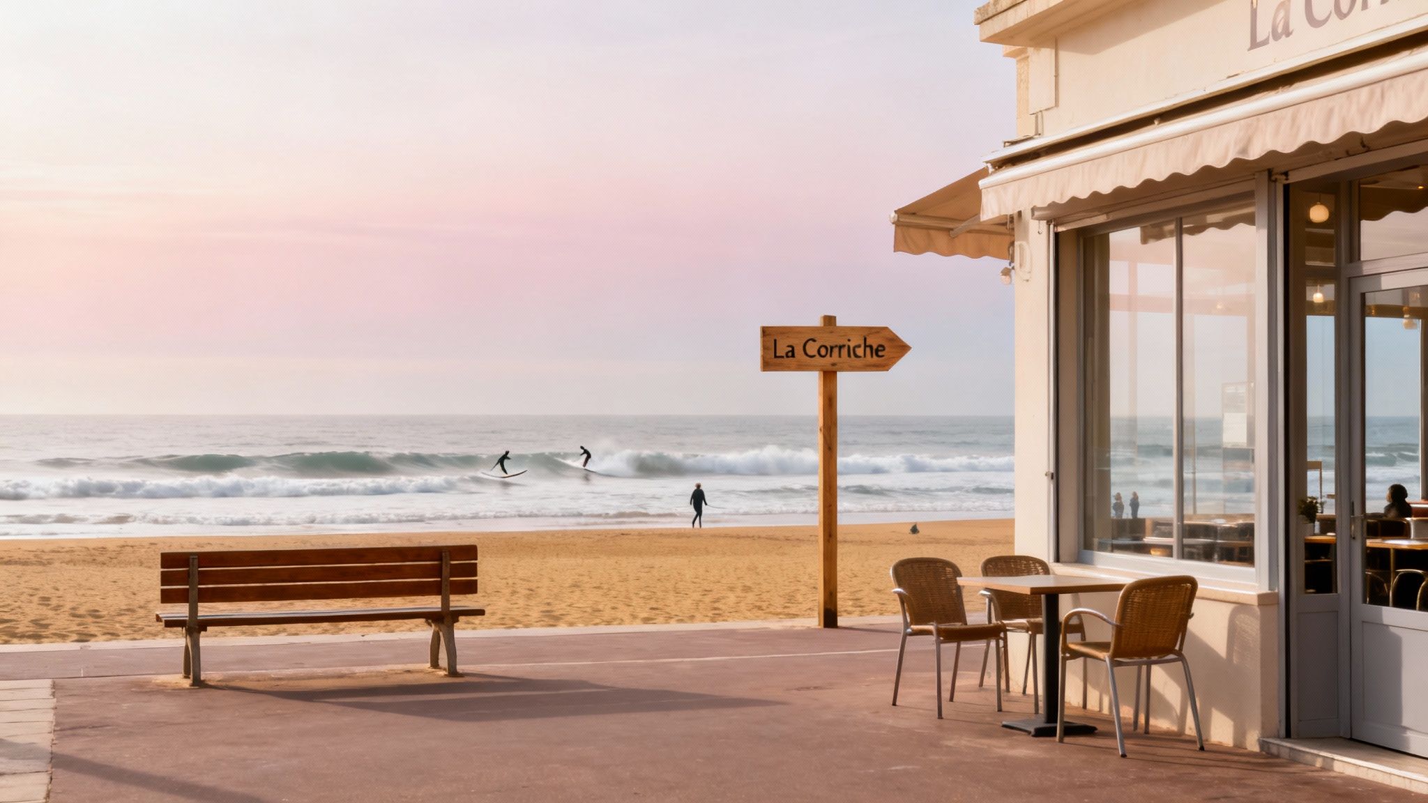 Une plage tranquille au lever du soleil avec des surfeurs, un banc et un café La Corriche.