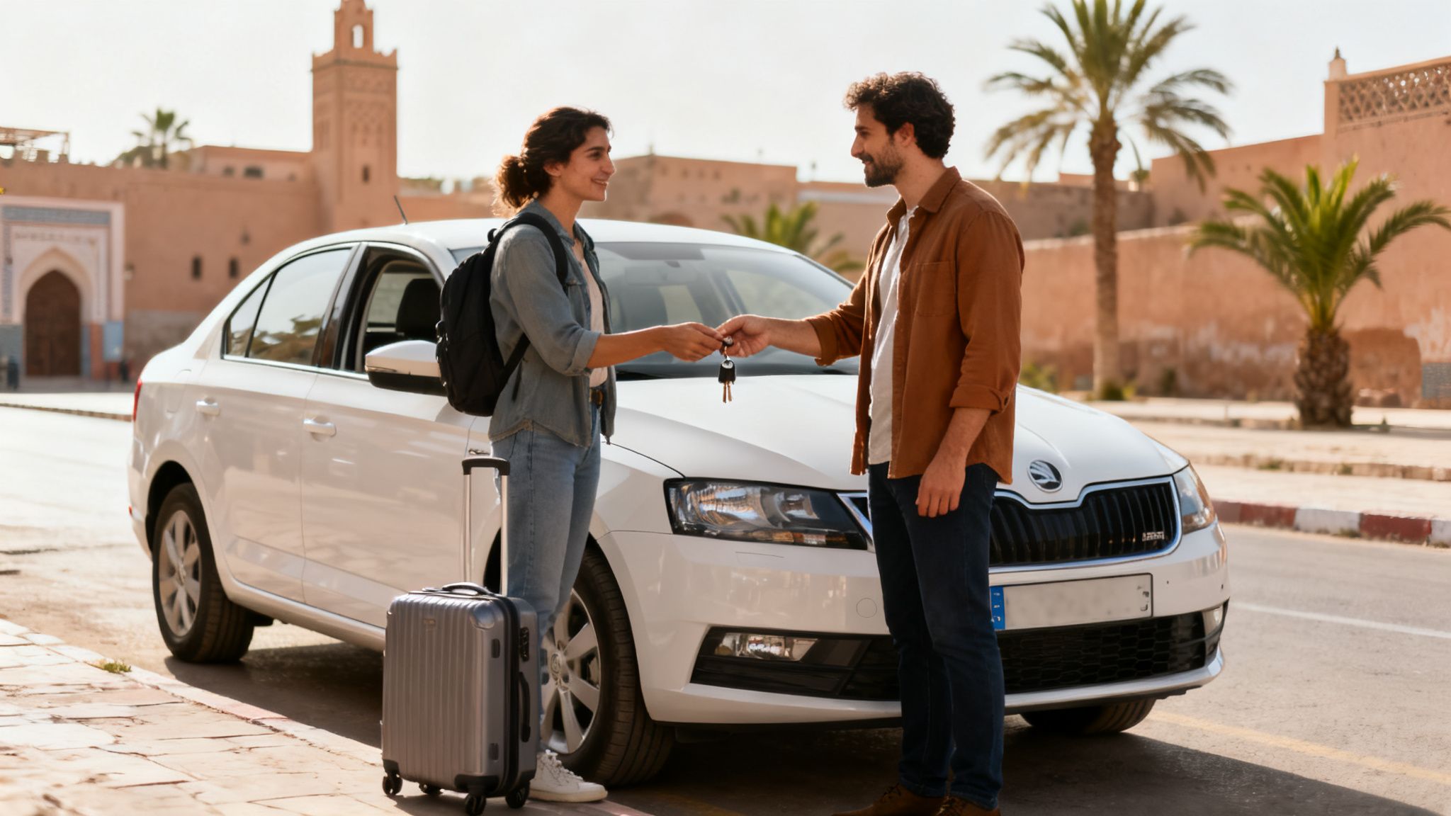 Un homme tend les clés d'une voiture blanche à une femme souriante, avec une valise, dans une ville ensoleillée.