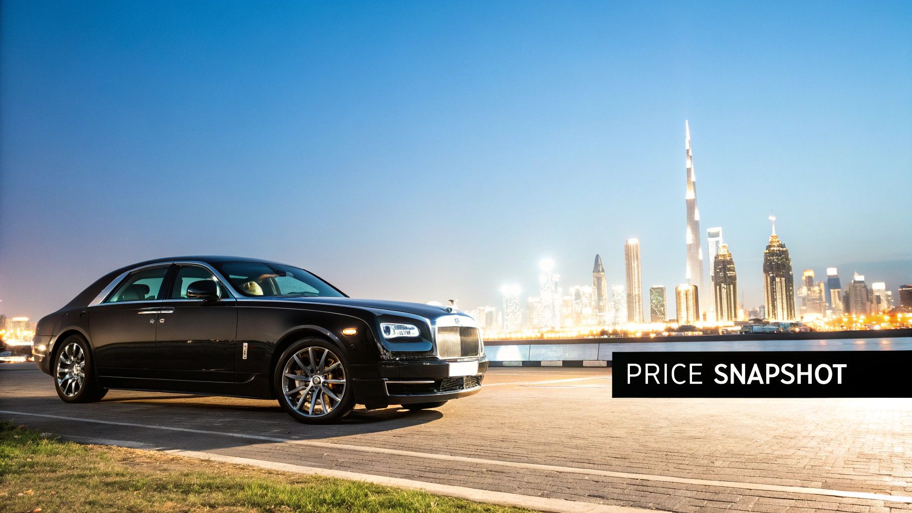 A luxury sports car parked in front of a modern Dubai building at sunset