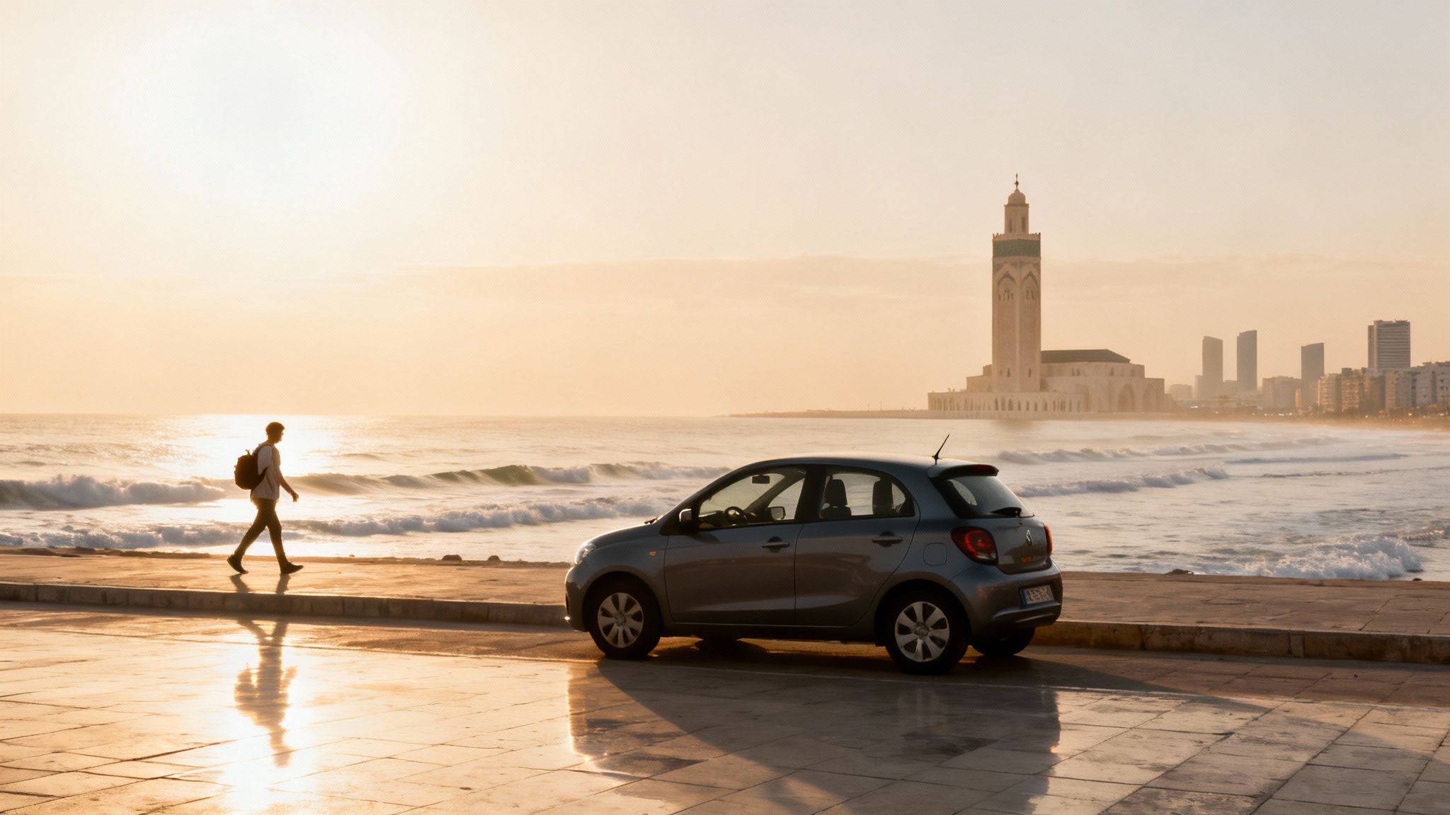 Un homme marche sur une promenade au coucher du soleil à Casablanca, avec une voiture garée et la mosquée Hassan II en arrière-plan.