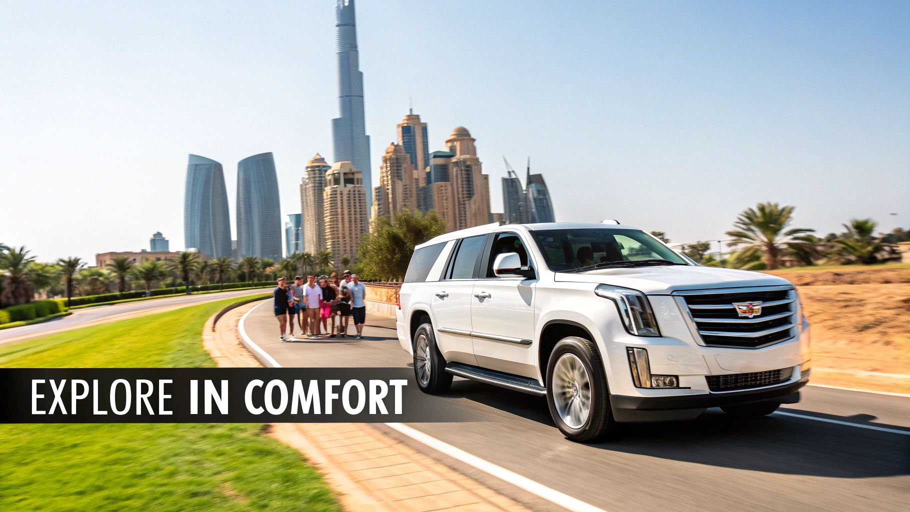 How to Rent a Cadillac Escalade in Dubai A Practical Guide 3 White Cadillac Escalade SUV driving on a road with iconic Dubai skyscrapers and people in the background.