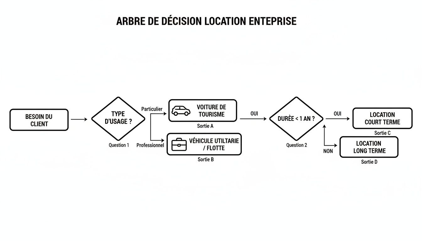 Arbre de décision pour la location de véhicules d'entreprise, guidant le choix entre court et long terme.
