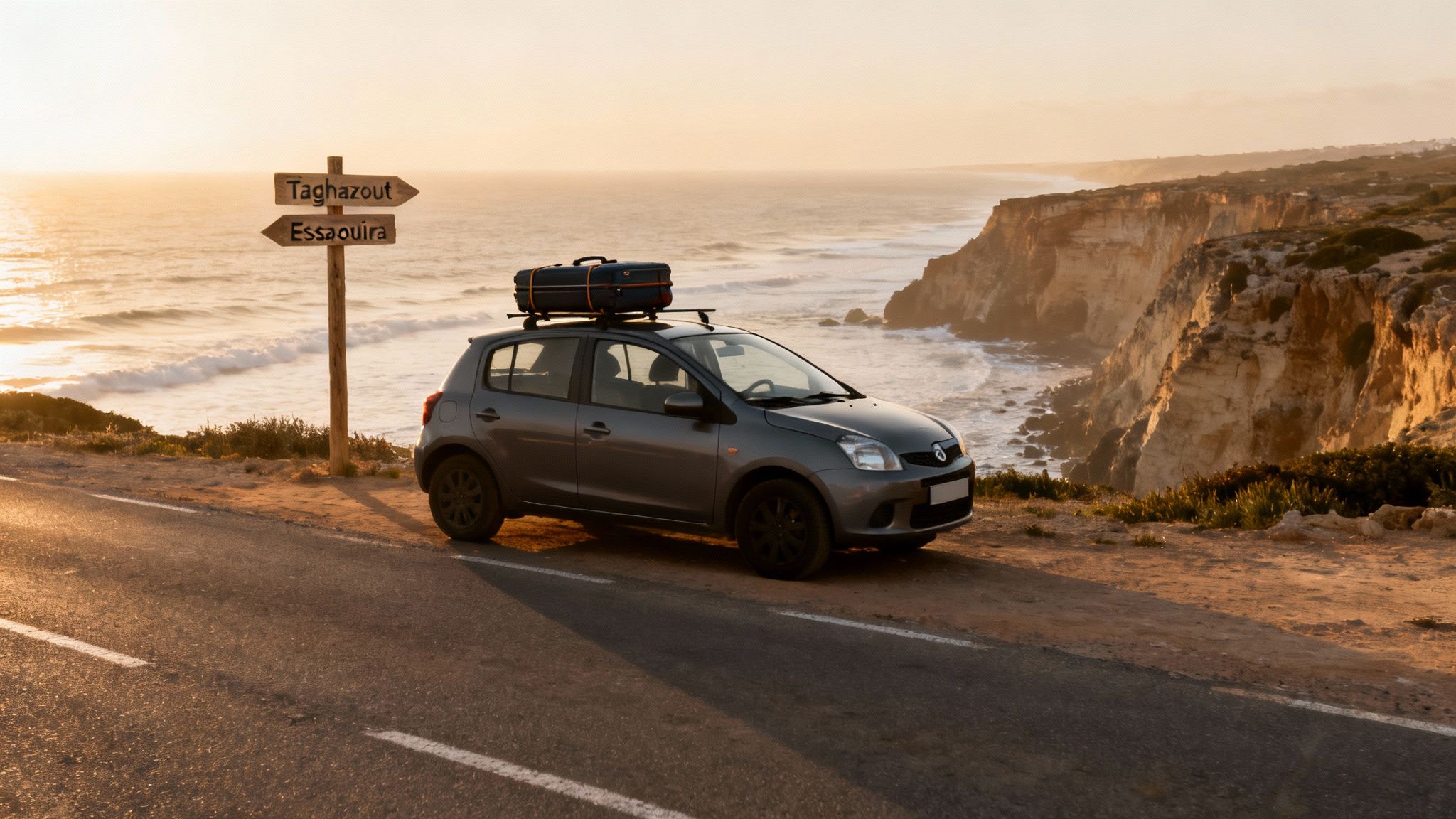 Une voiture grise avec bagages sur le toit, garée près d'un panneau indiquant Taghazout et Essaouira, au coucher du soleil sur la côte.