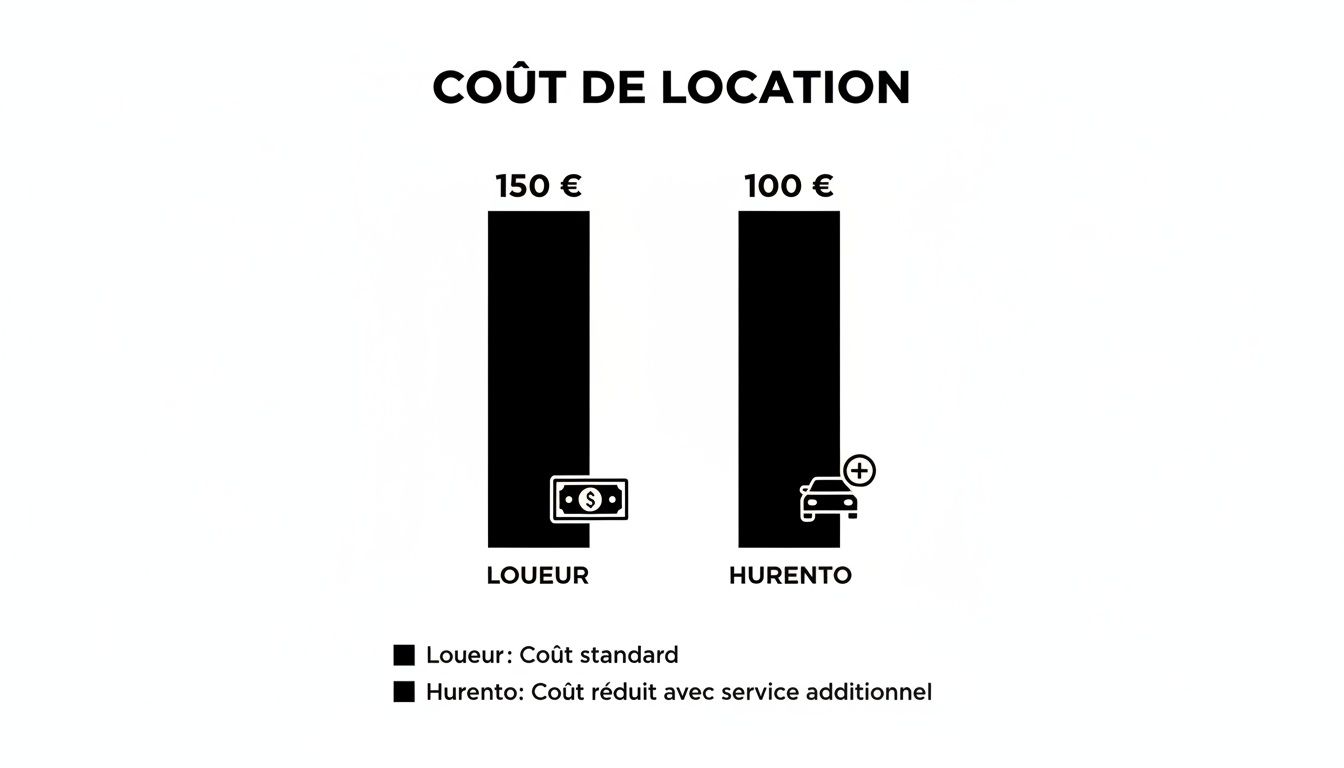 Comparaison prix location voiture au Maroc un guide pour mieux choisir 3 Graphique comparant le coût de location de voiture entre Loueur (150€) et Hurento (100€ avec service additionnel).