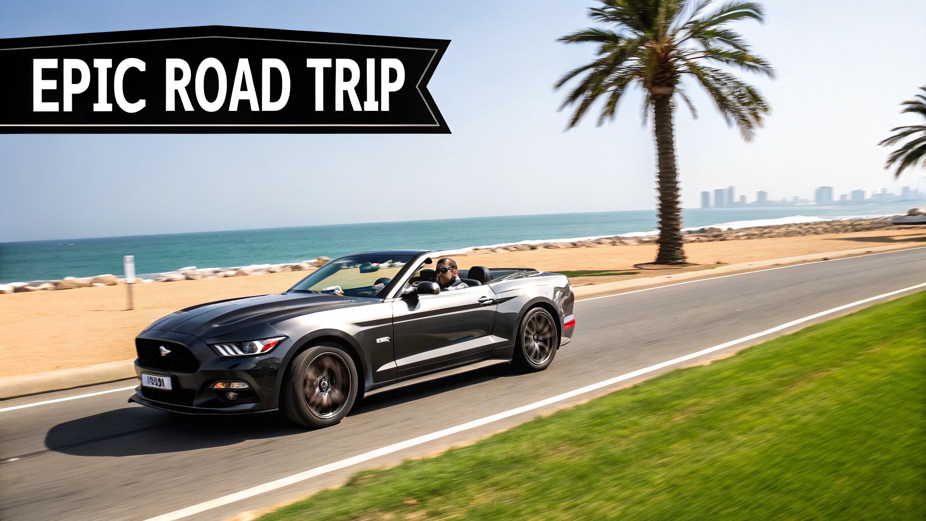 A Ford Mustang driving on a scenic road in Dubai