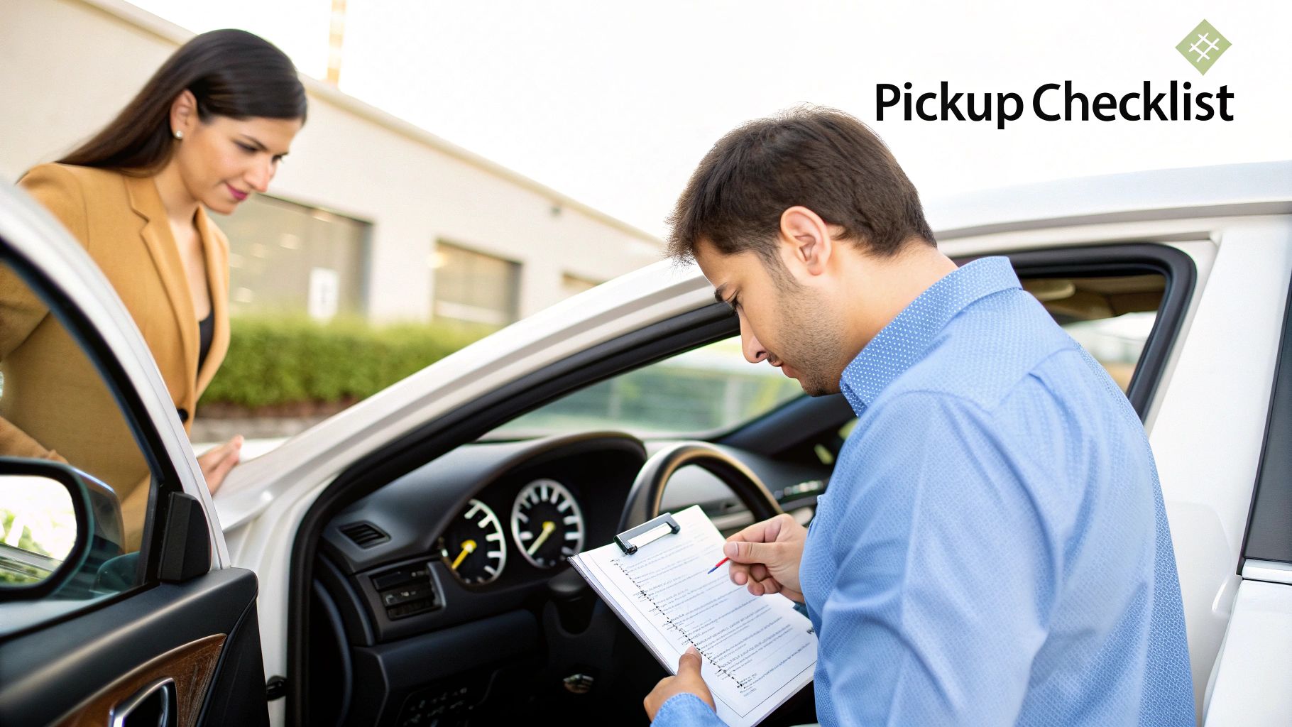 A man in a blue shirt reviews a pickup checklist inside a white car, while a woman observes.