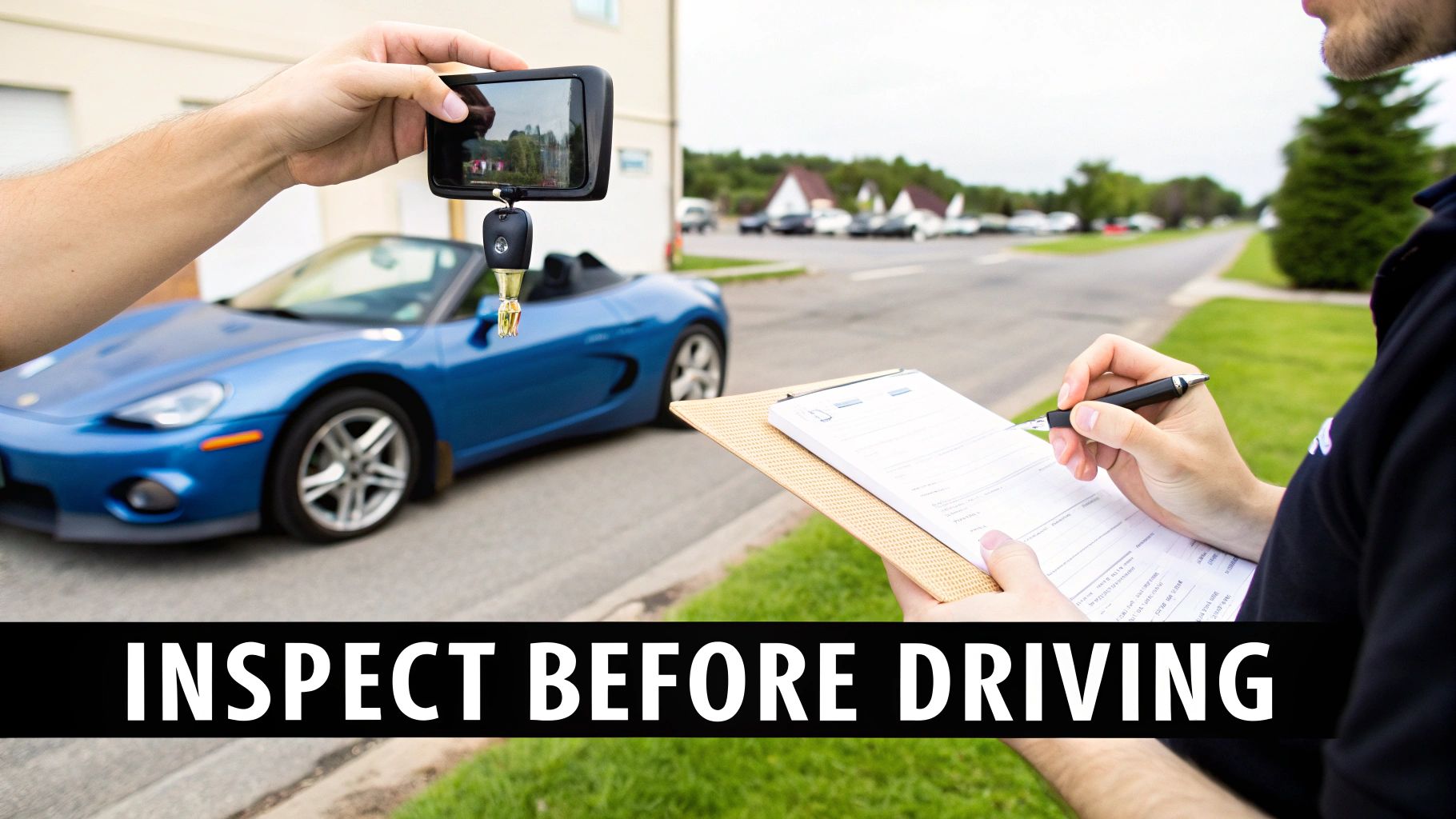 How to Rent an Exotic Car in Dubai: rent a exotic car the Right Way 3 Hands inspect a blue sports car, one taking a picture with a phone and car key, another filling a form.