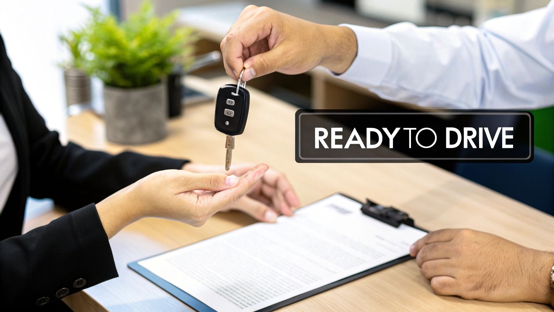 Close-up of a car key being handed from one person to another across a table, with 'READY TO DRIVE' text.