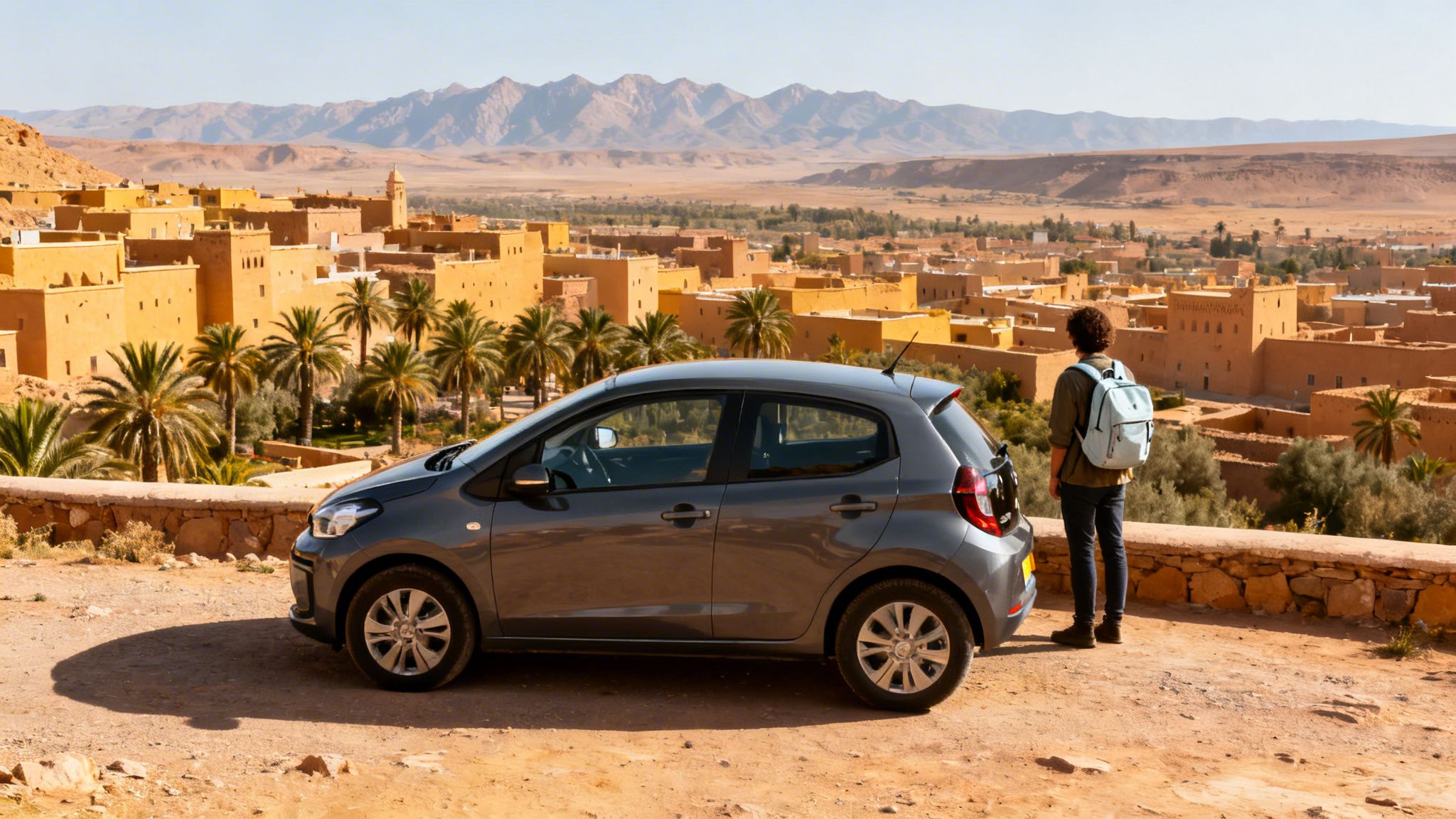 Un homme avec un sac à dos admire une ville ocre du désert marocain avec des palmiers et des montagnes, à côté d'une voiture grise.
