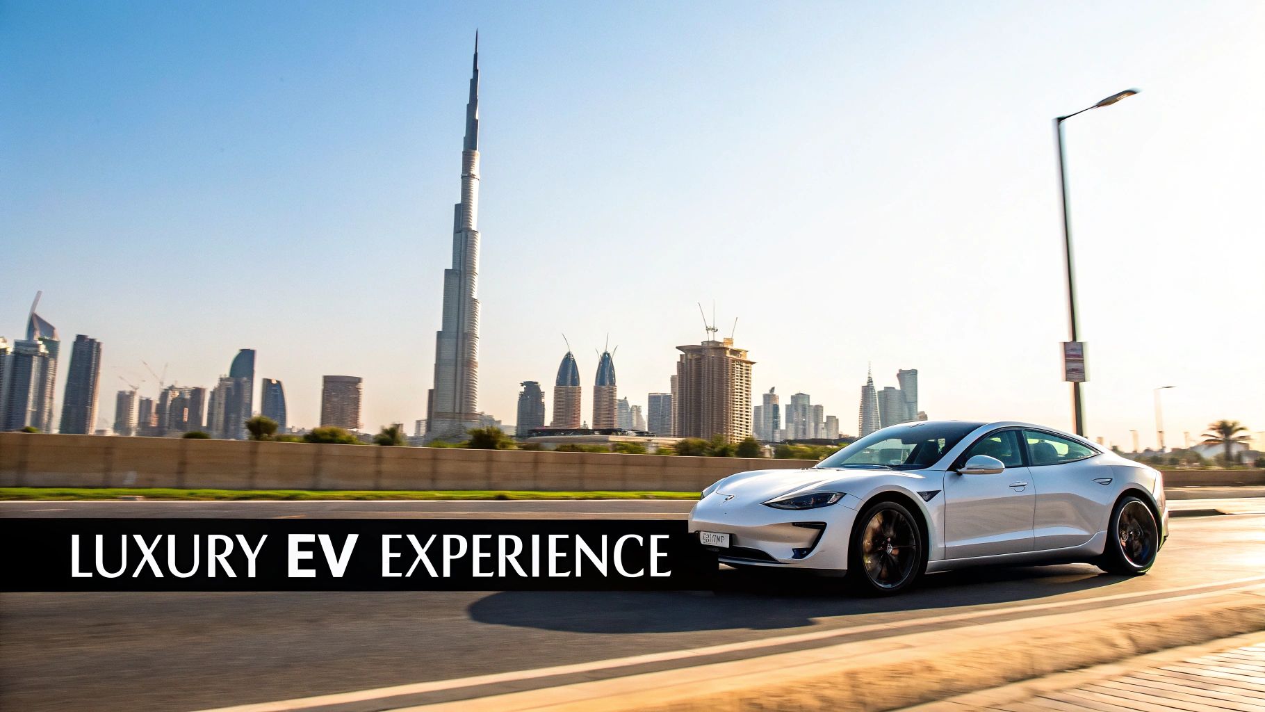 White luxury electric vehicle driving past Dubai cityscape with Burj Khalifa under a clear sky.