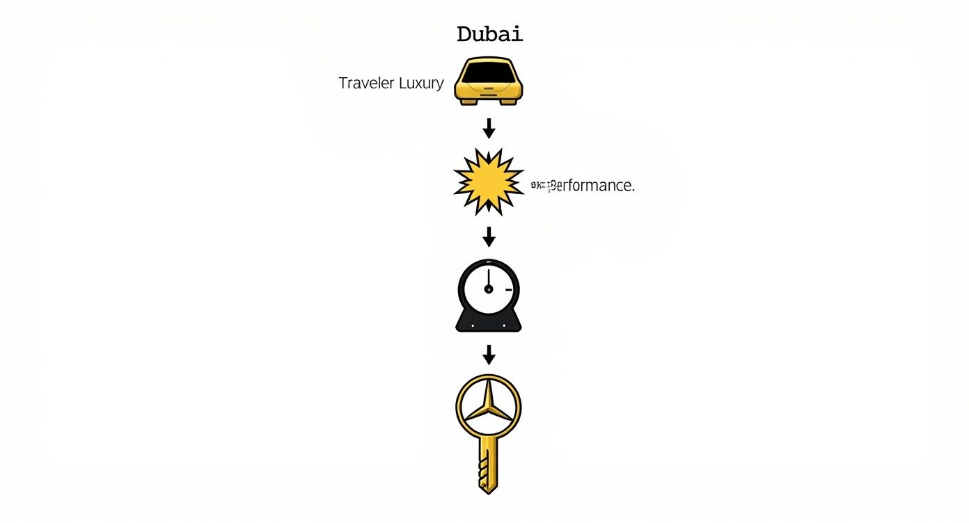 Flowchart showing Dubai luxury traveler journey from car rental to performance and key handoff process
