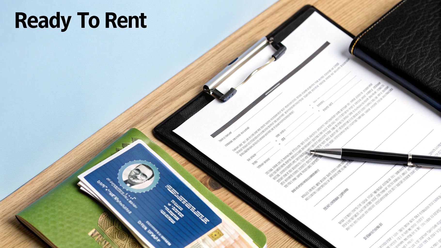 Your Guide to Rent a Car Nissan Patrol in Dubai 3 A desk with a clipboard, pen, passport, and ID card, under the bold text 'Ready To Rent'.