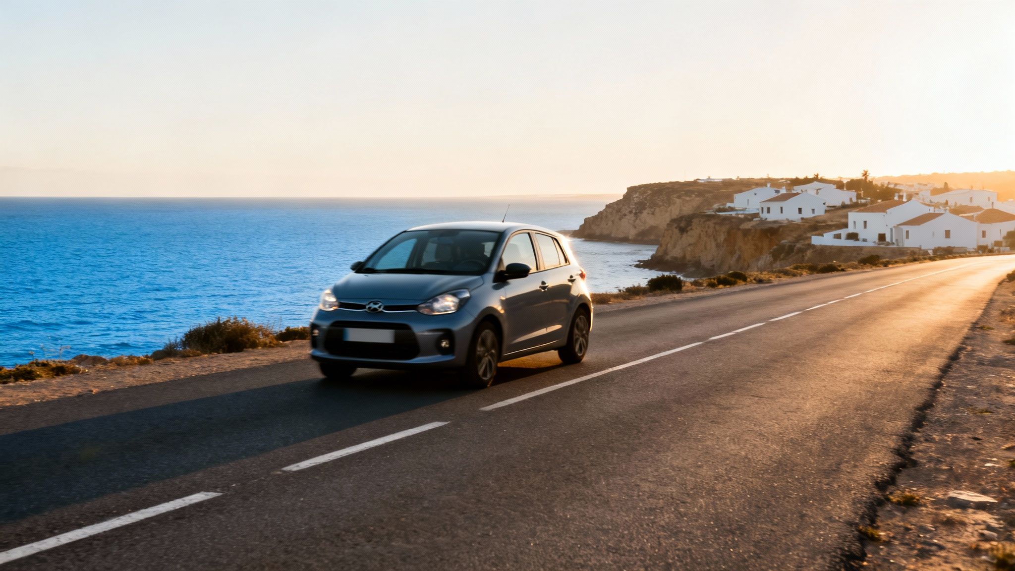 Vue aérienne d'une route côtière sinueuse près de Tanger, avec la mer et des falaises