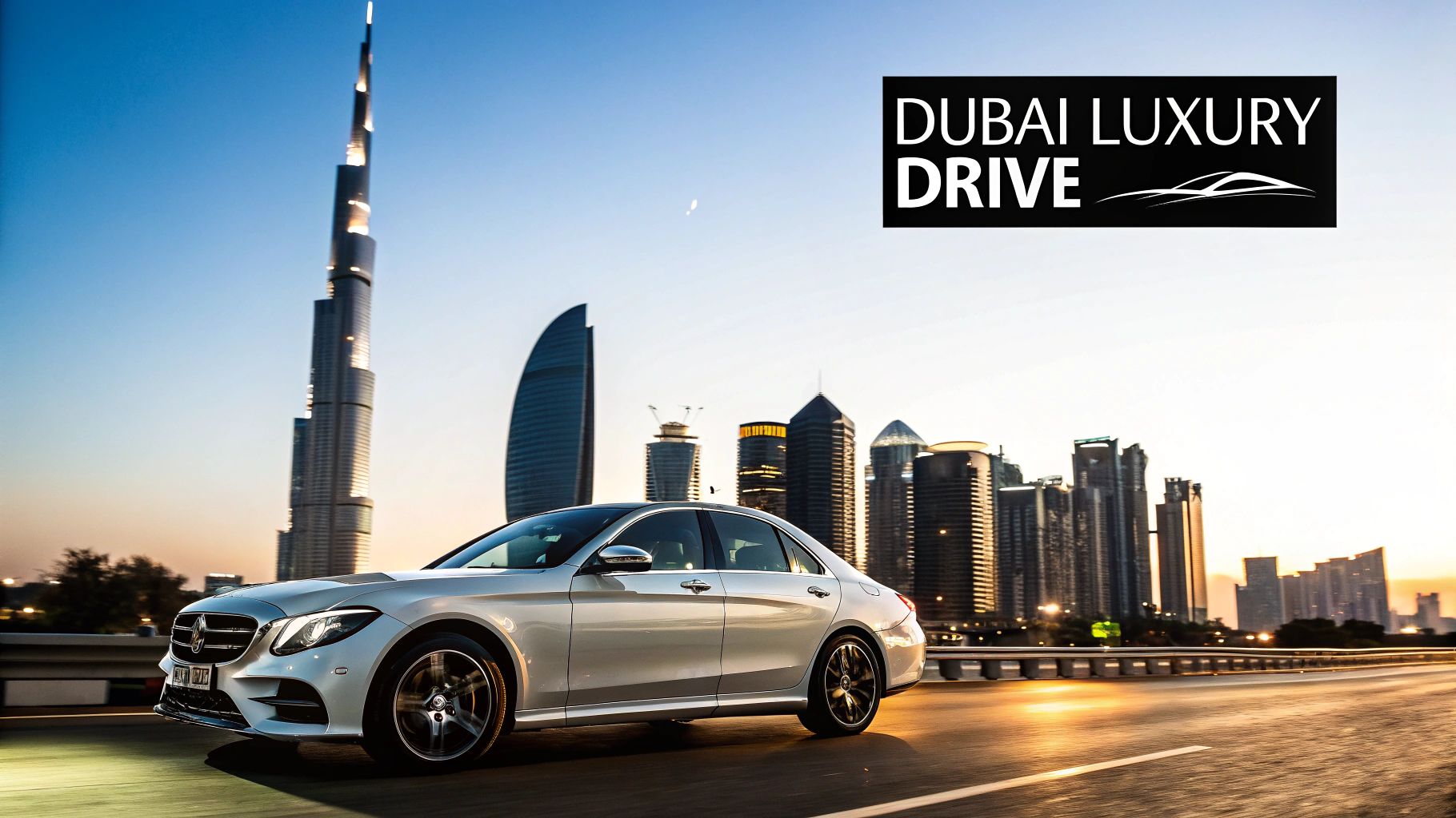 A stylish white Mercedes-Benz parked in front of a modern Dubai building
