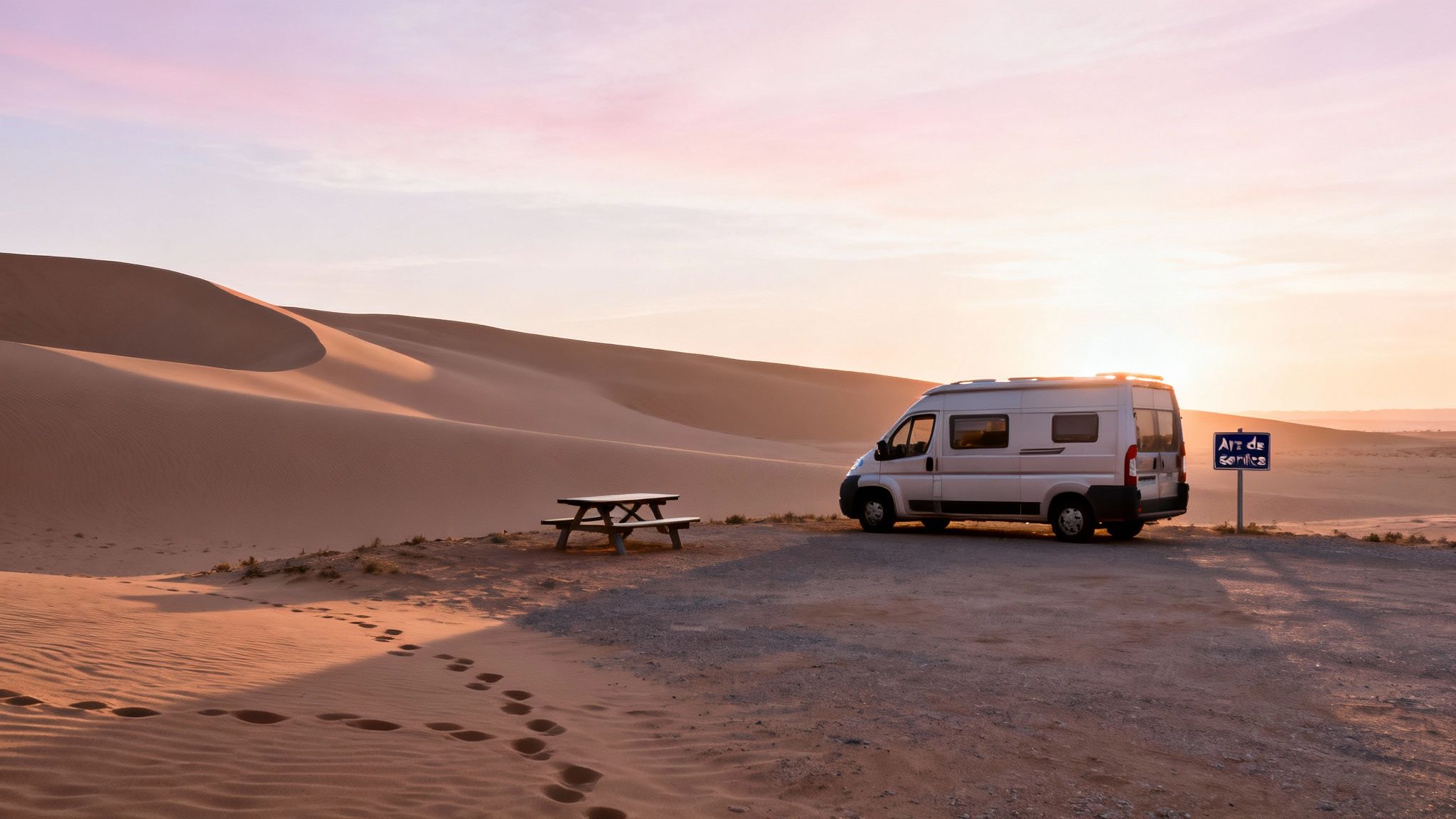 Fourgon aménagé garé près d'une table de pique-nique dans un désert marocain avec des dunes de sable au coucher du soleil.