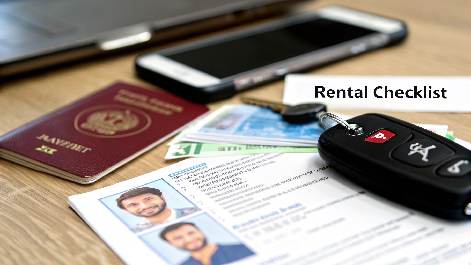 A 'Rental Checklist' note with passport, car keys, documents, phone, and laptop on a wooden desk.