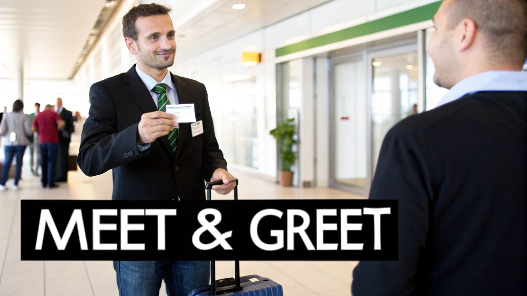 A smiling man in a suit with a business card and luggage is ready to meet and greet a client.