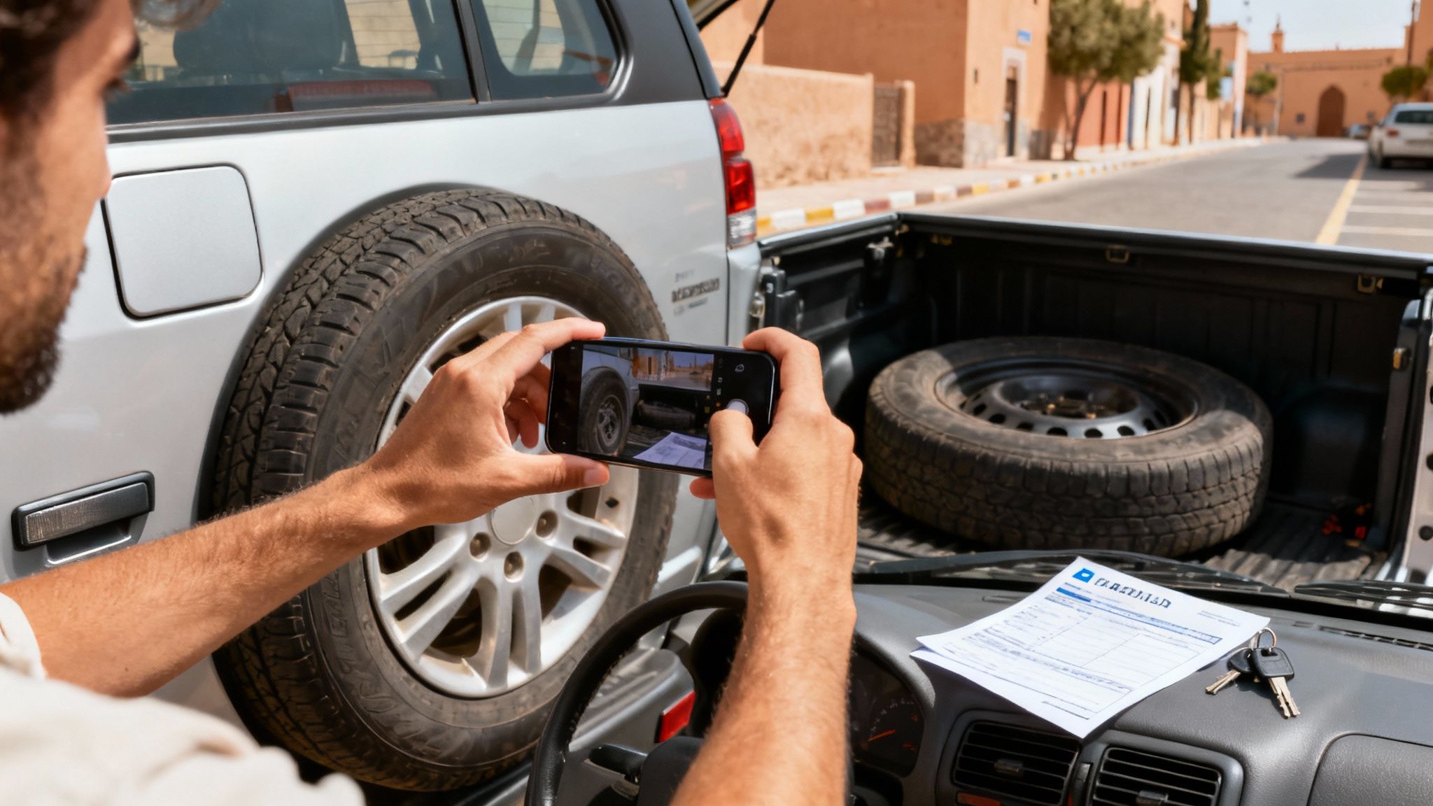 Un homme prend une photo d'un pneu de voiture avec son smartphone. Des documents et clés sont sur le tableau de bord d'un véhicule.