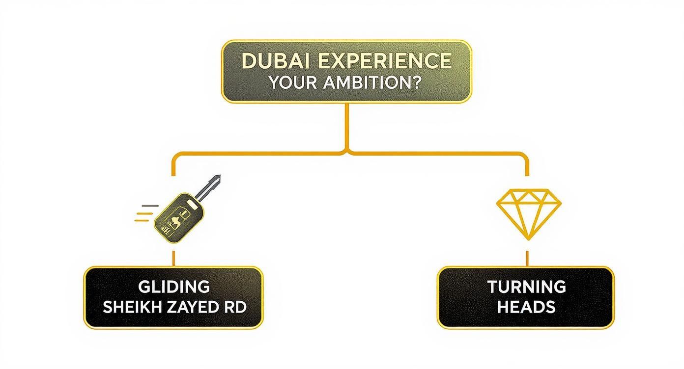 Infographic decision tree helping users choose between a luxury or sporty Mercedes-Benz for their Dubai trip.