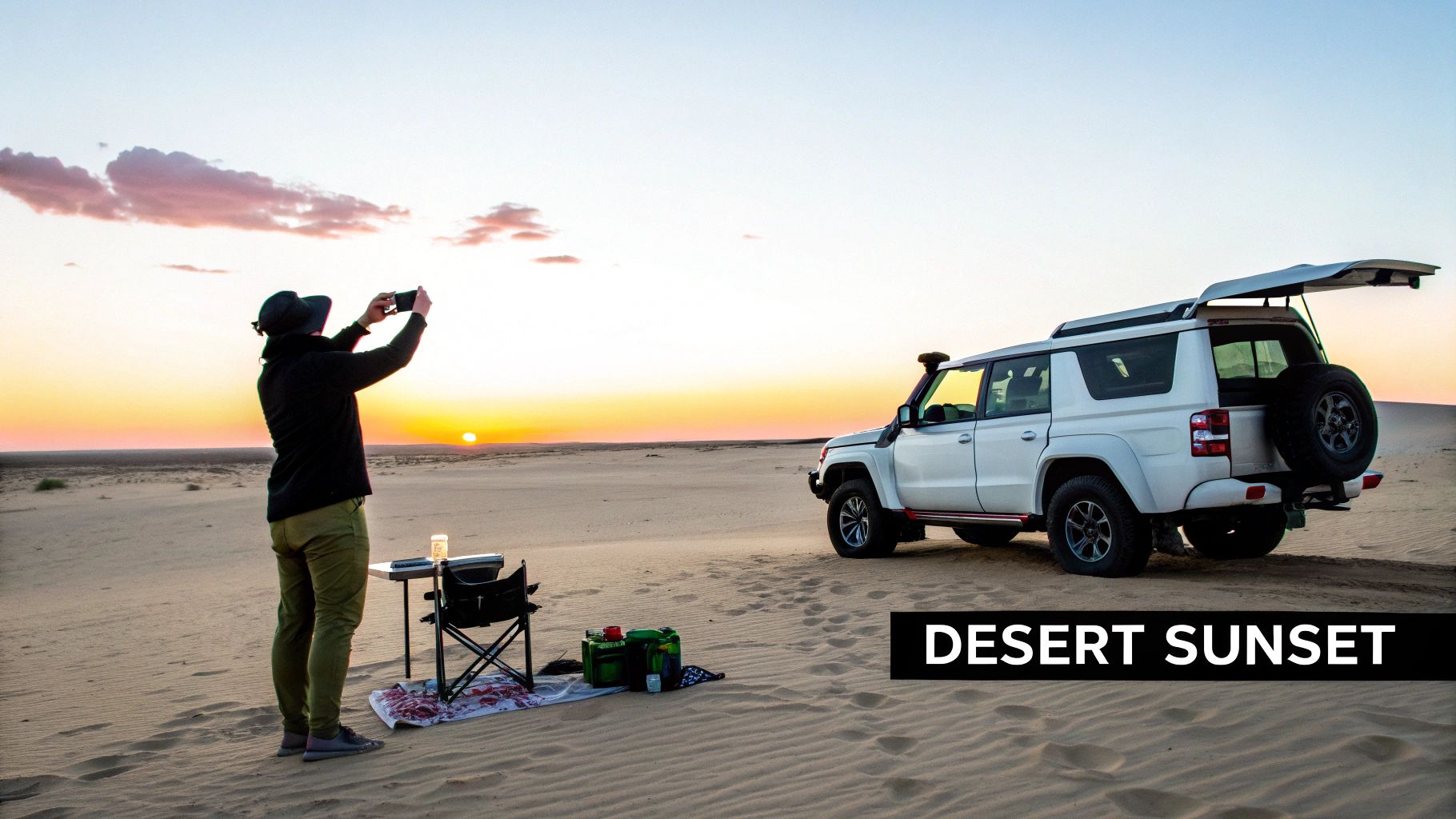 self drive desert safari dubai: Learn Dune Driving Essentials 3 A tranquil desert scene at sunset with orange and purple hues over the sand dunes